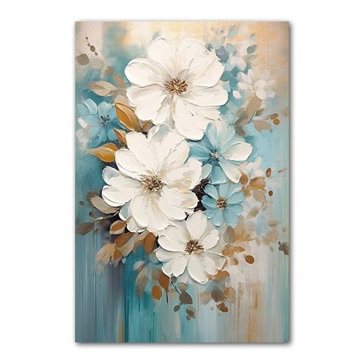 White Blue Flowers with Gold Leaves II 3d Heavy Textured Partial Oil Painting